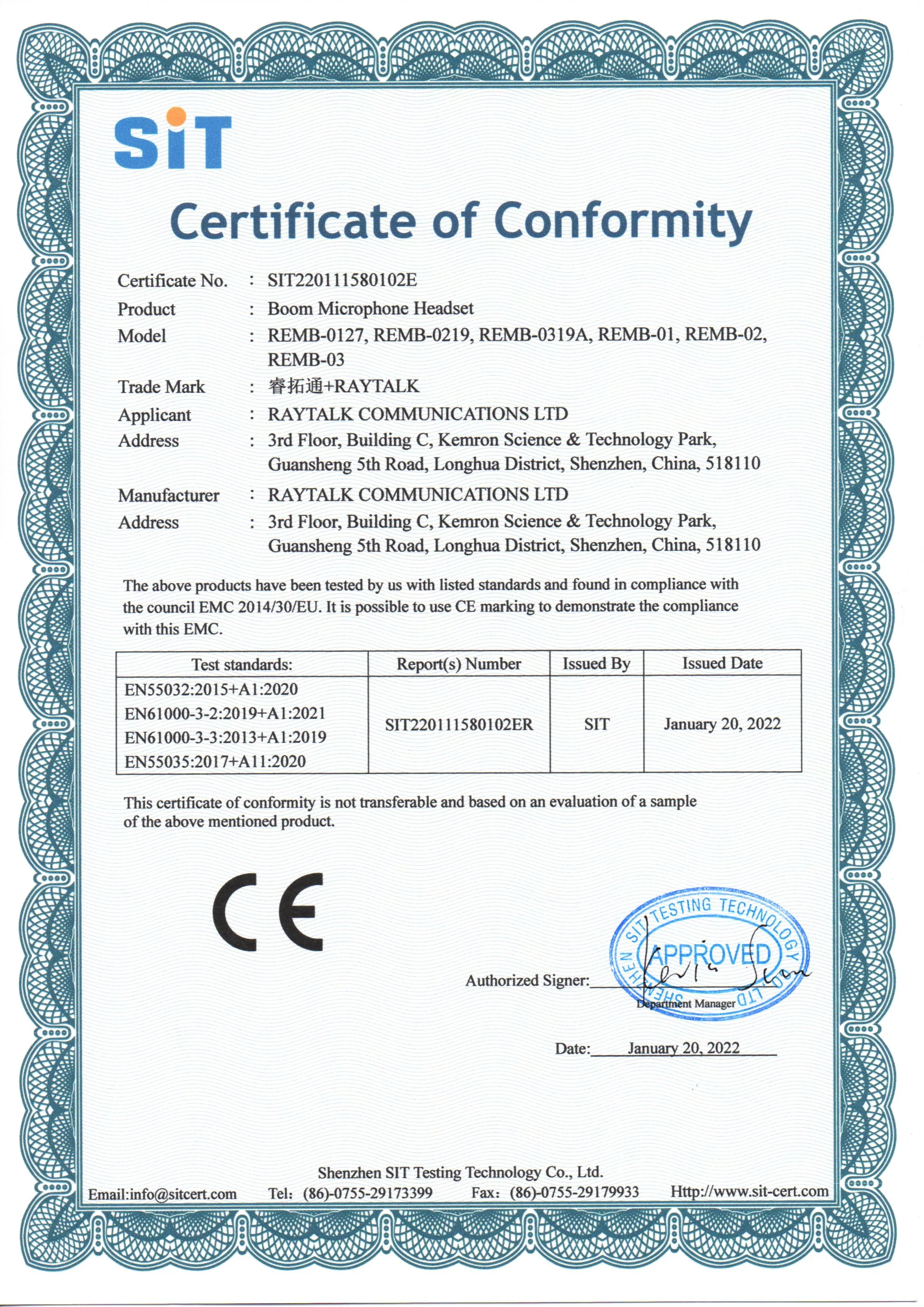 RAYTALK Boom Microphone Headset Certificate of Conformity