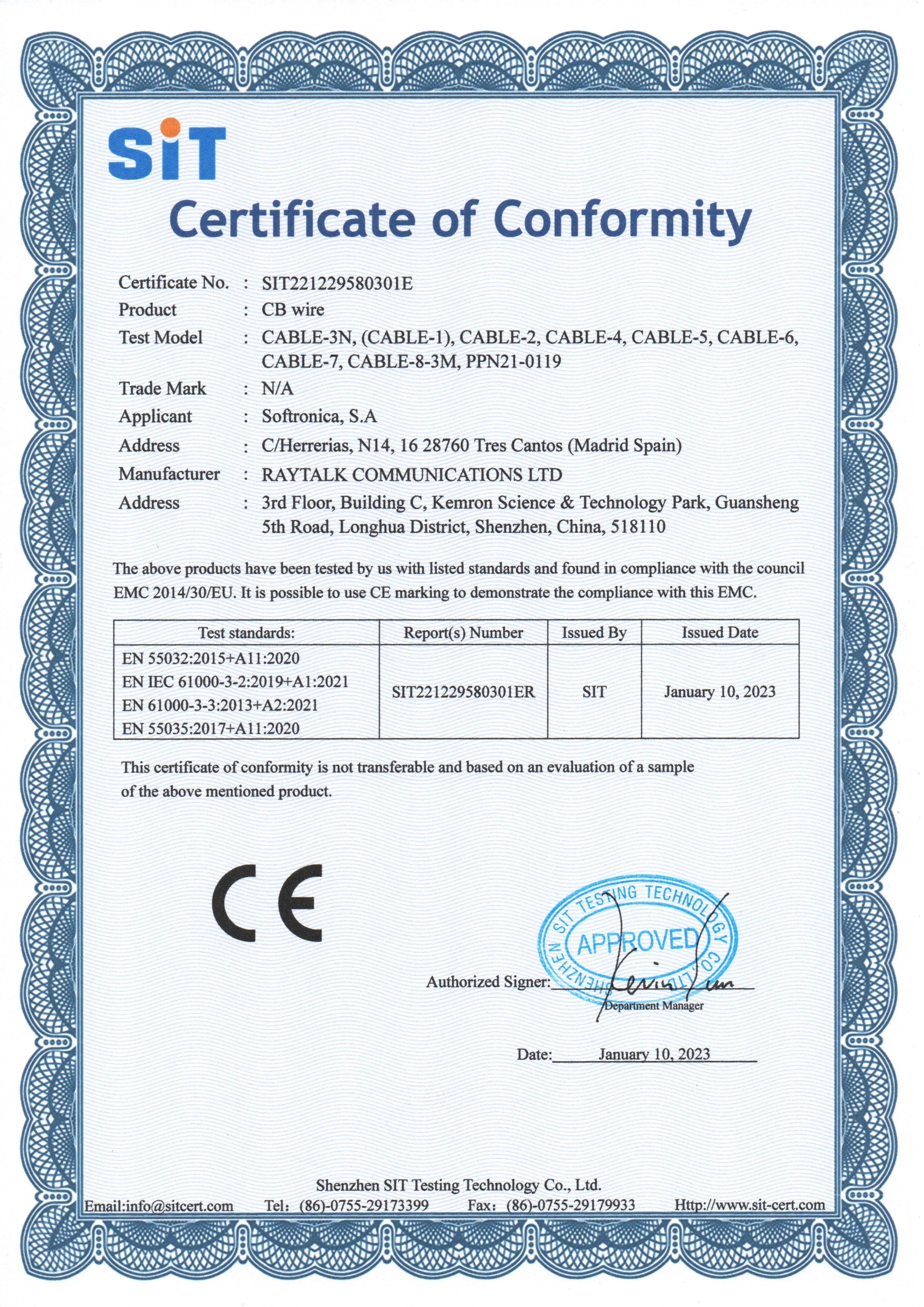 RAYTALK CB wire Certificate of Conformity