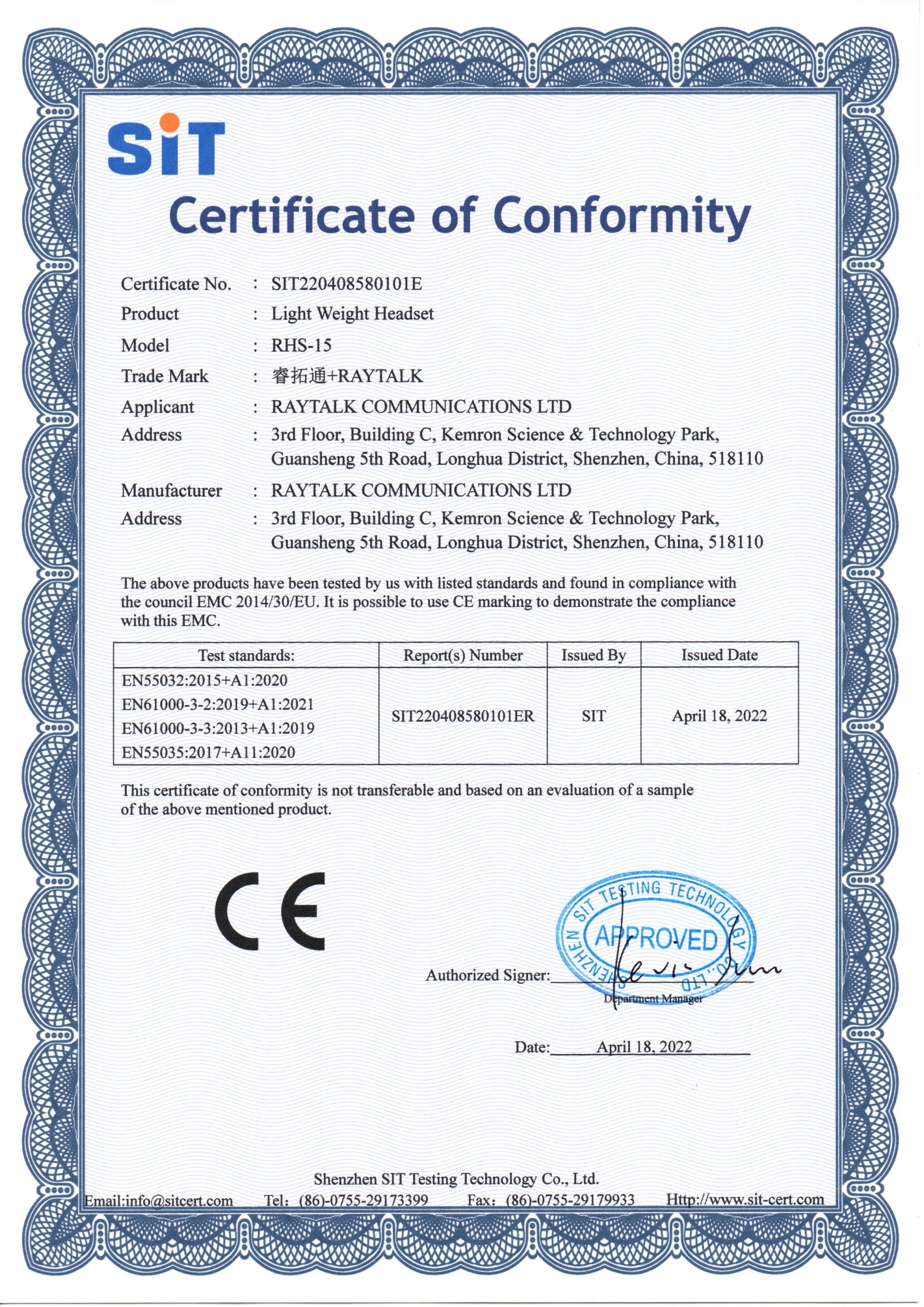 RAYTALK RHS-15 Light Weight Headset Certificate of Conformity