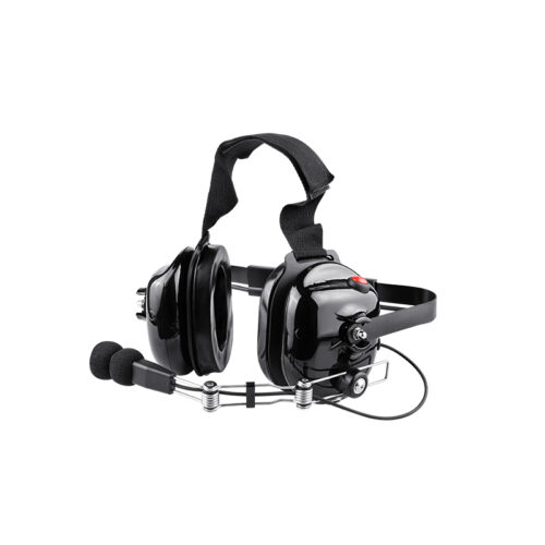 B-51Q 2 Way radio headset in black with padded ear cups, adjustable head strap, and boom microphone with foam windscreen.