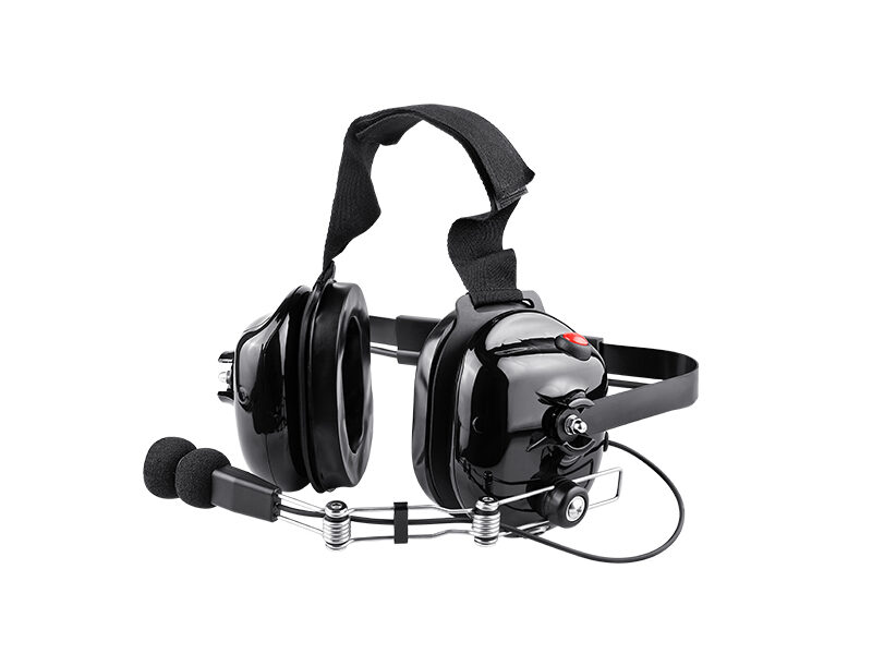 B-51Q 2 way radio headset with metal boom arm and mic B-51Q 2 Way radio headset in black with padded ear cups, adjustable head strap, and boom microphone with foam windscreen.
