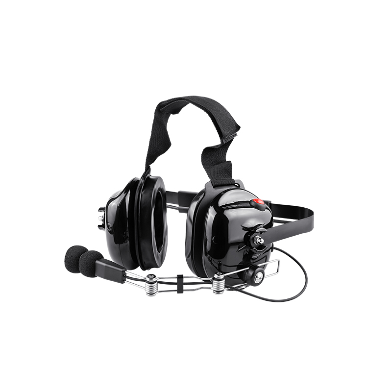 B-51Q 2 Way radio headset in black with padded ear cups, adjustable head strap, and boom microphone with foam windscreen.