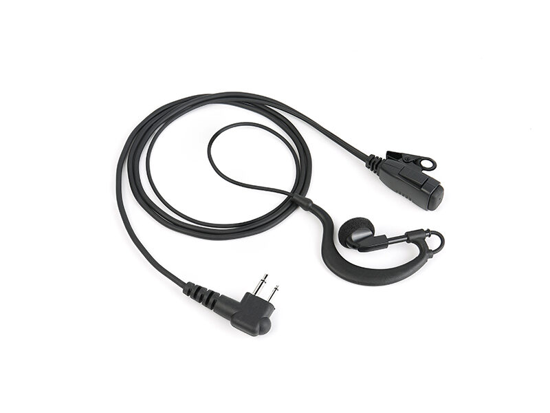 EM-2027 G-Hook earpiece for walkie talkie, featuring a push-to-talk (PTT) button and M1 connector, compatible with popular Motorola radios