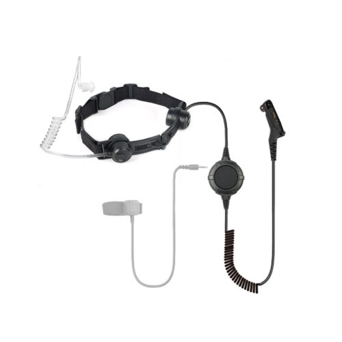 Micrófonos de garganta RTM-0340 RTM-0340 throat microphones with large round PTT, featuring a quick-disconnect port compatible with finger ring PTT