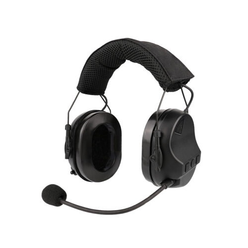 Front view of RE10 tactical headset with camouflage padding for military training