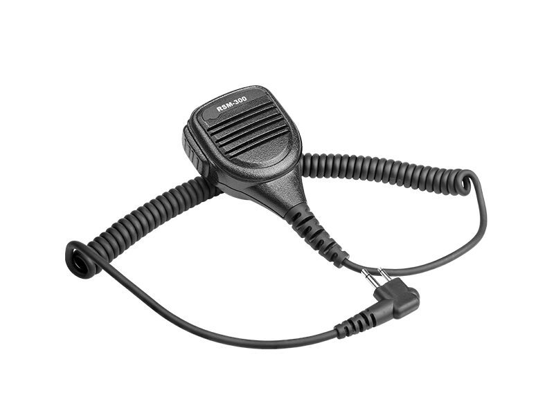 RSM-300 handheld speaker mic with durable coiled cable and dual-pin connector for two-way radios