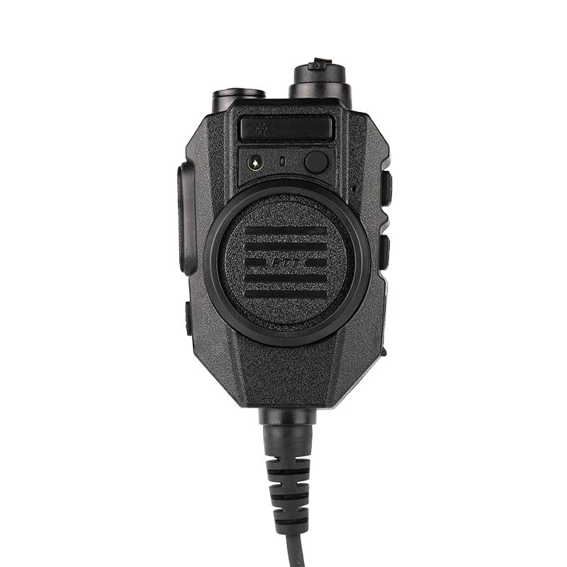 Front view of the IP67 rated RSM-600 two-way radio speaker mic showing the high-output speaker, large round PTT button, and front microphone