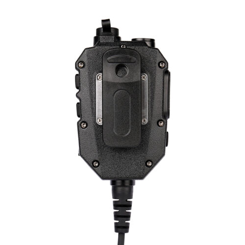 Back view of the RSM-600/CC 2 way radio speaker mic featuring an optional clothing clip