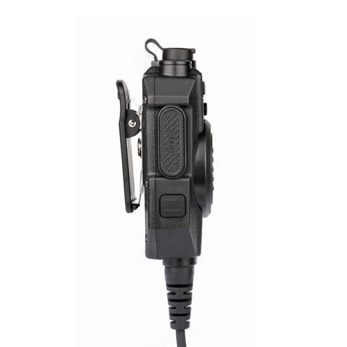 Side view of the RSM-600 waterproof shoulder microphone showing the talk button for hands-free operation