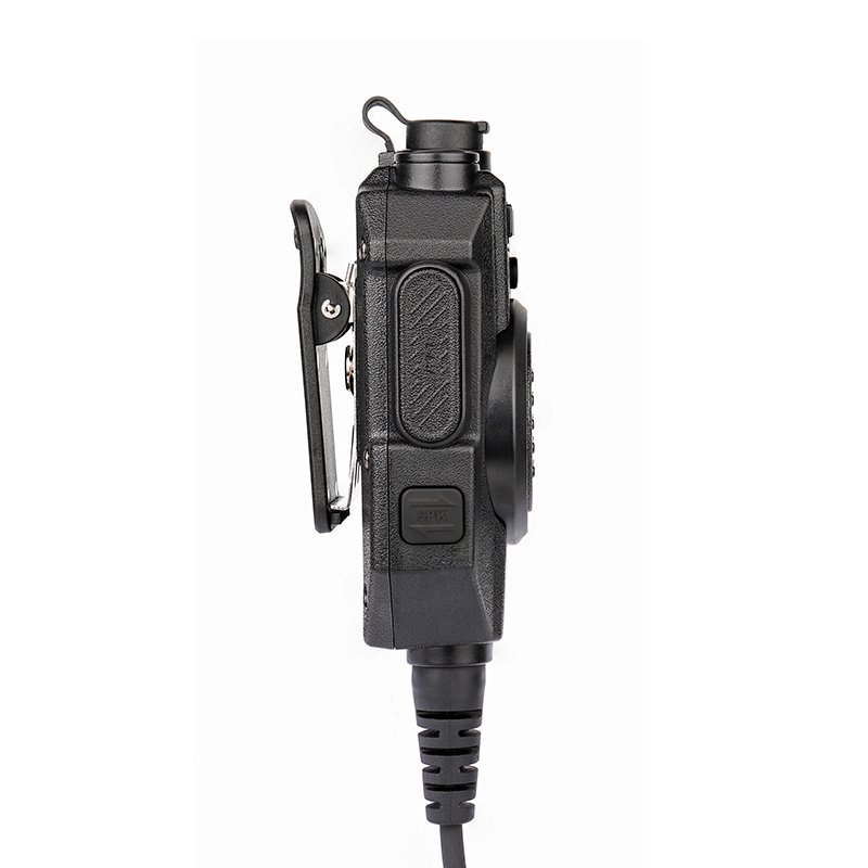 Side view of the RSM-600 waterproof shoulder microphone showing the talk button for hands-free operation