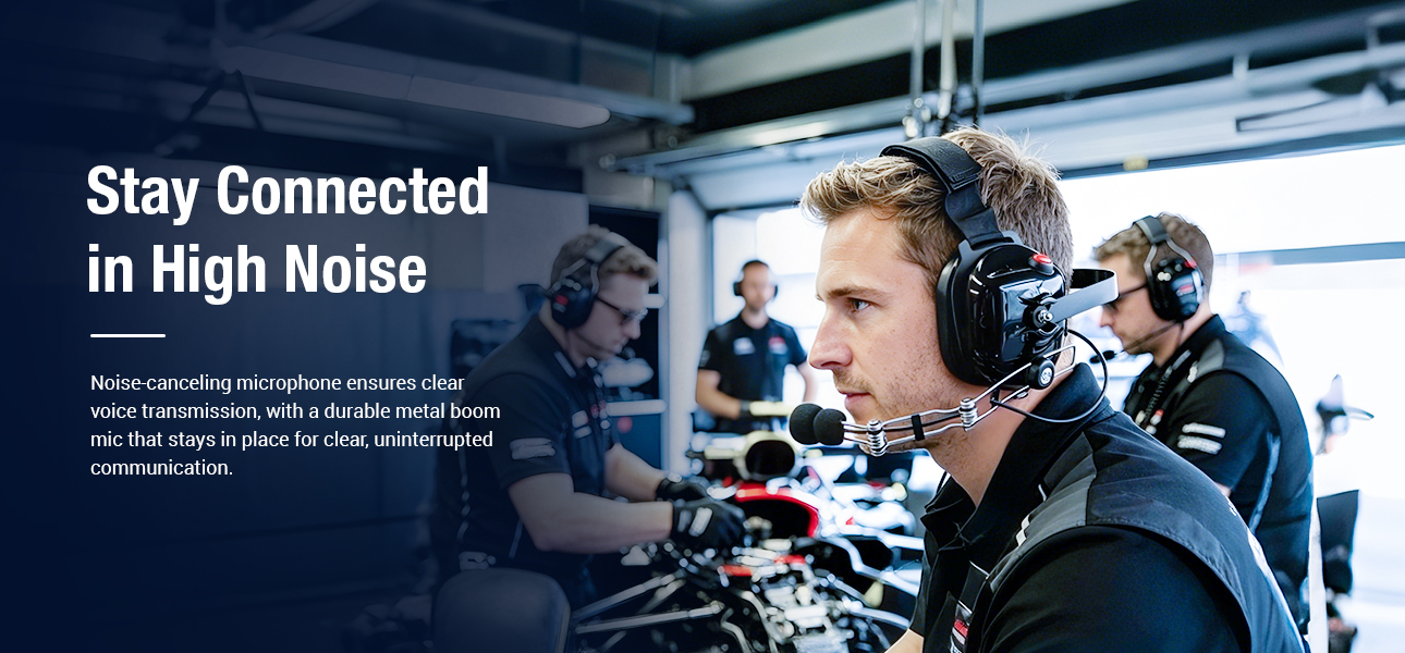 Engineer wearing a behind the head headset while working in a repair garage