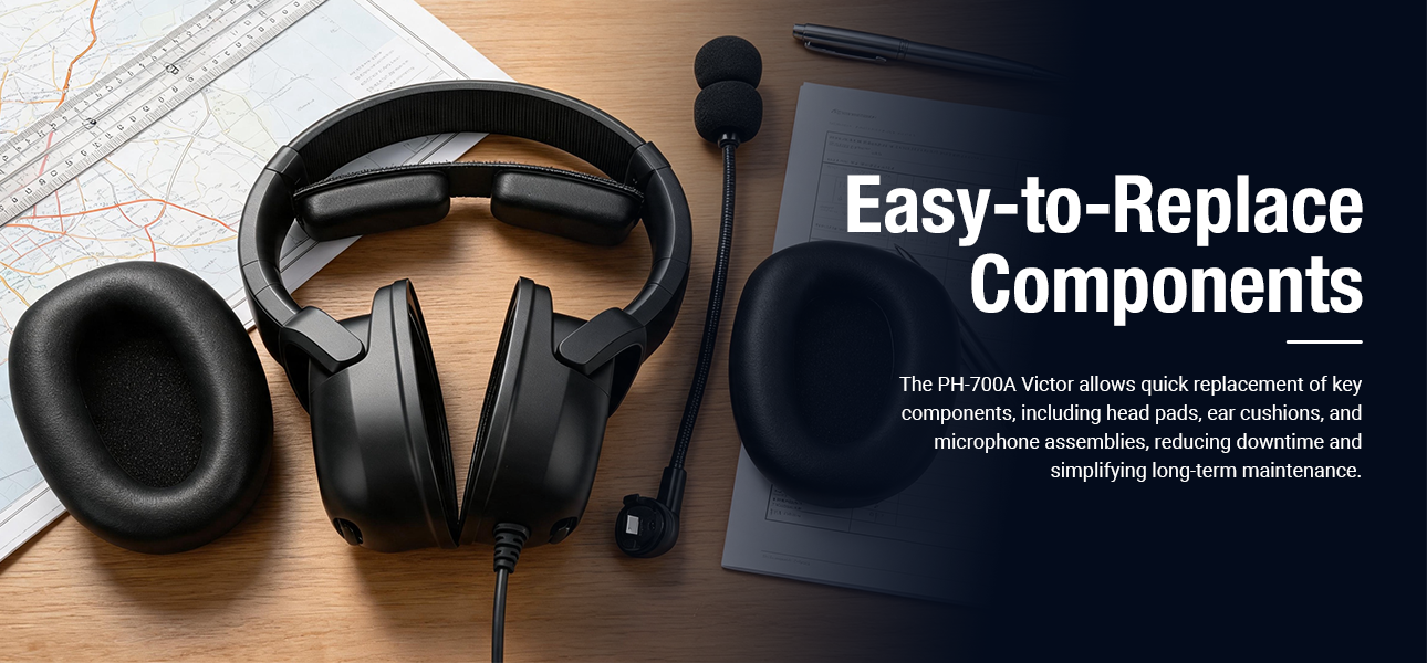 PH-700A Victor aviation headset with replaceable head pad, ear cushions and microphone