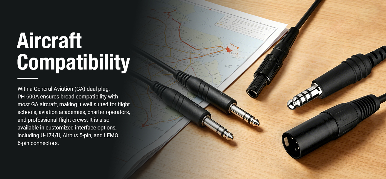 flight headset with GA, LEMO, U174 and XLR plug options