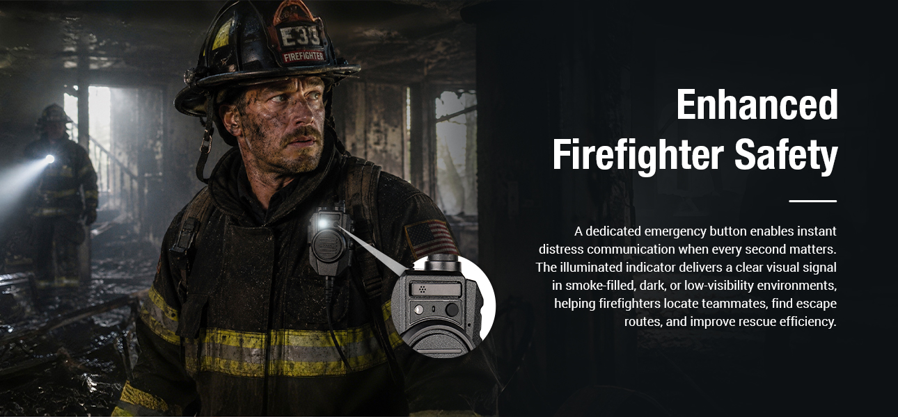 2 way radio speaker mic with emergency button and illuminated indicator for firefighter safety in smoke-filled and low-visibility environments