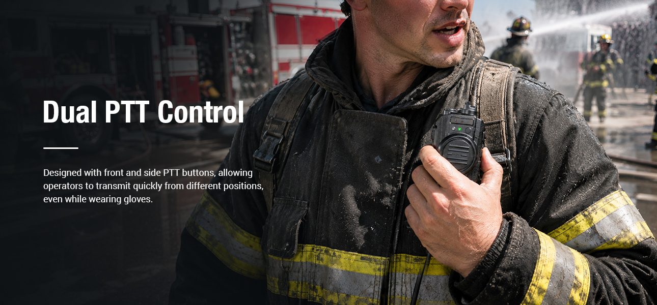2 way radio speaker mics with dual PTT buttons for fast operation while wearing firefighting gloves