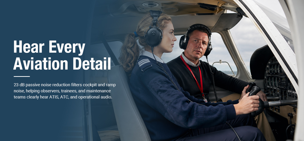 Aircraft headphones with 23 dB passive noise reduction for clear ATC and ATIS audio during flight observation