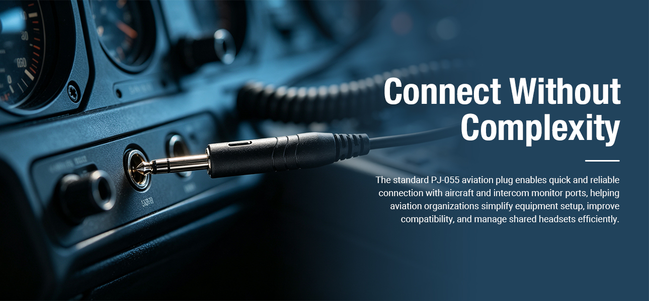 Aircraft headphones with PJ-055 plug for quick connection to aircraft intercom systems and shared aviation equipment