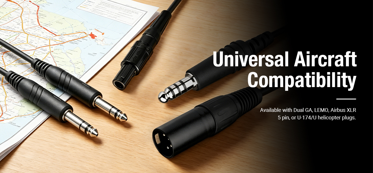 Aircraft headset with customizable plug options for GA aircraft, Airbus, and helicopter communication systems