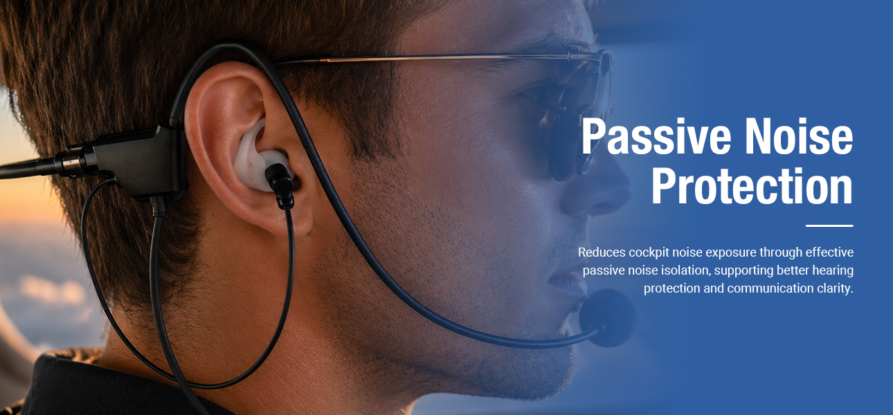 Airline captain wearing a lightweight aviation headset with in-ear design for communication clarity.