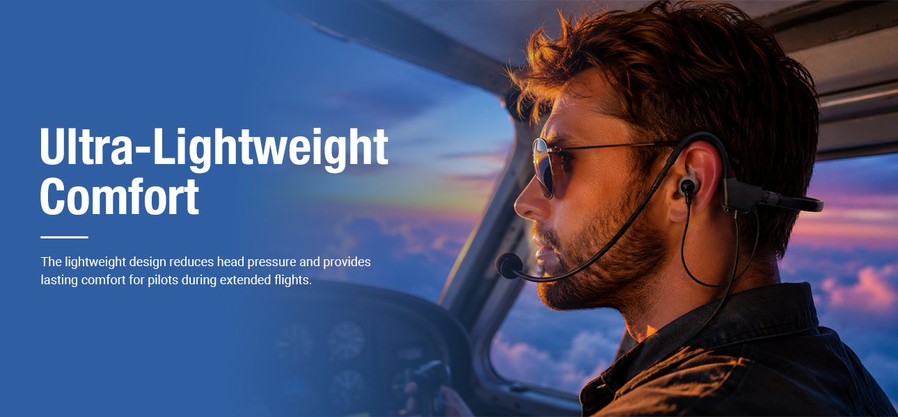 Airline pilot wearing a lightweight aviation headset designed for comfort during extended flights