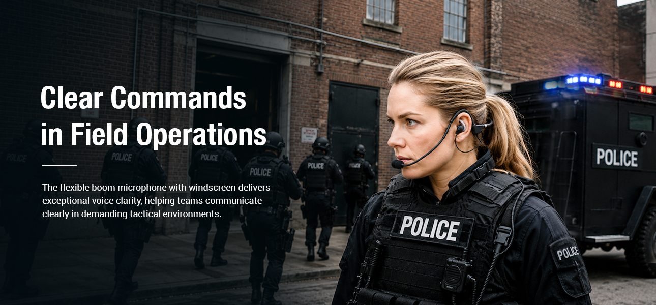 Behind-the-head tactical earpiece delivering clear voice transmission for law enforcement teams receiving critical commands