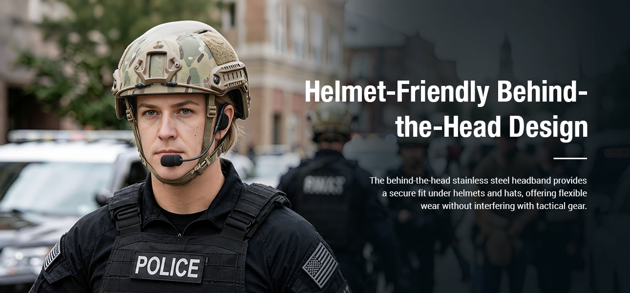 Behind-the-head tactical headset with secure fit for border patrol teams wearing helmets