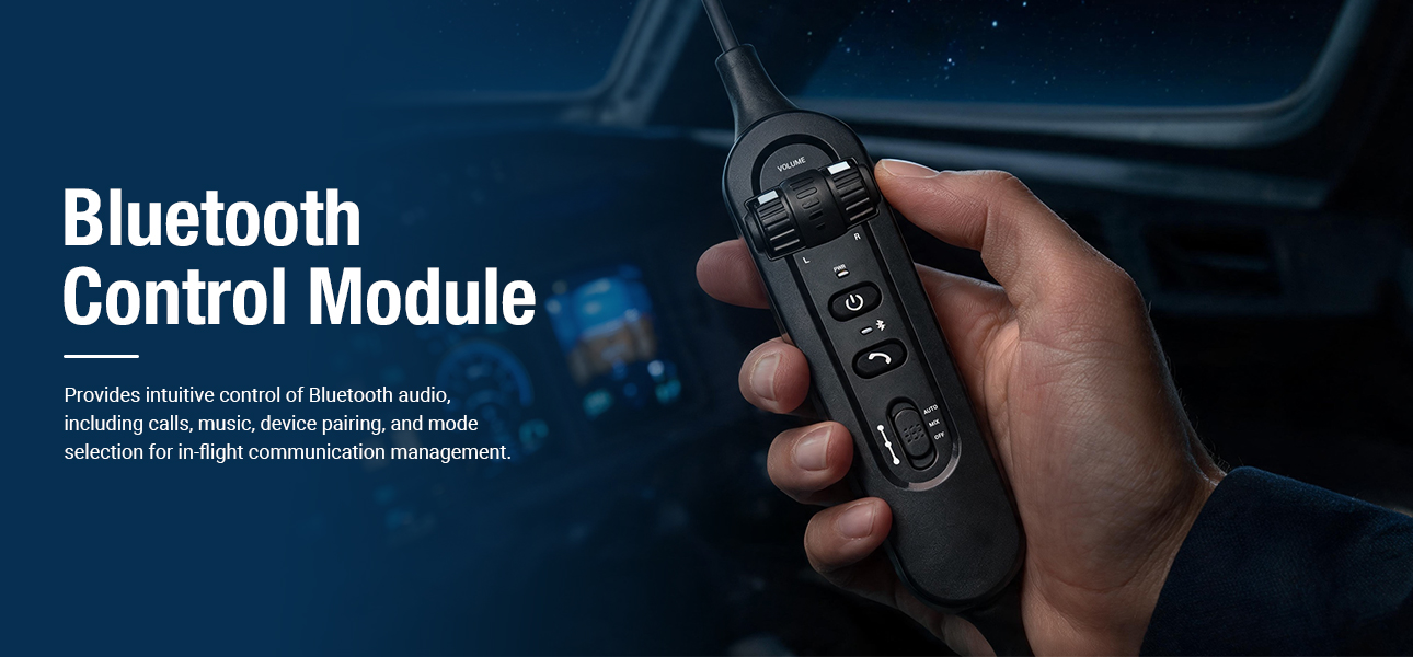 Bluetooth helicopter headset with a Bluetooth control module for managing calls, music, and in-flight audio