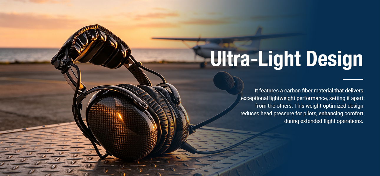 Carbon fiber aviation headset with an ultra-lightweight design for reduced head pressure and lasting pilot comfort