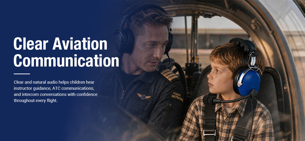 Child co-pilot and flight instructor using aviation headsets for clear comms