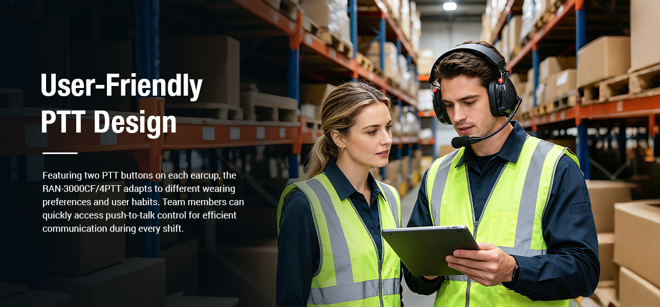 Construction and warehouse teams using radio headphones for quick radio access
