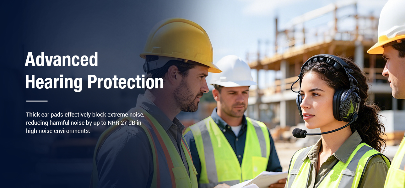 Construction teams and site supervisors using two way radio headsets for hearing protection