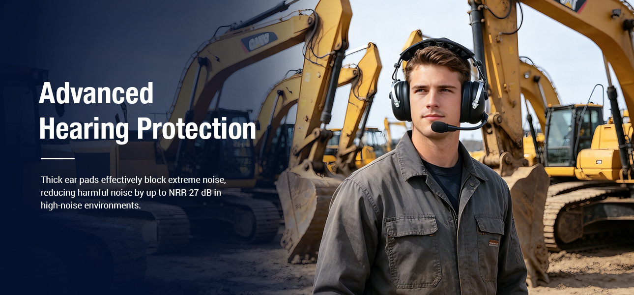 Construction teams using industrial headsets for hearing protection in noisy excavation sites