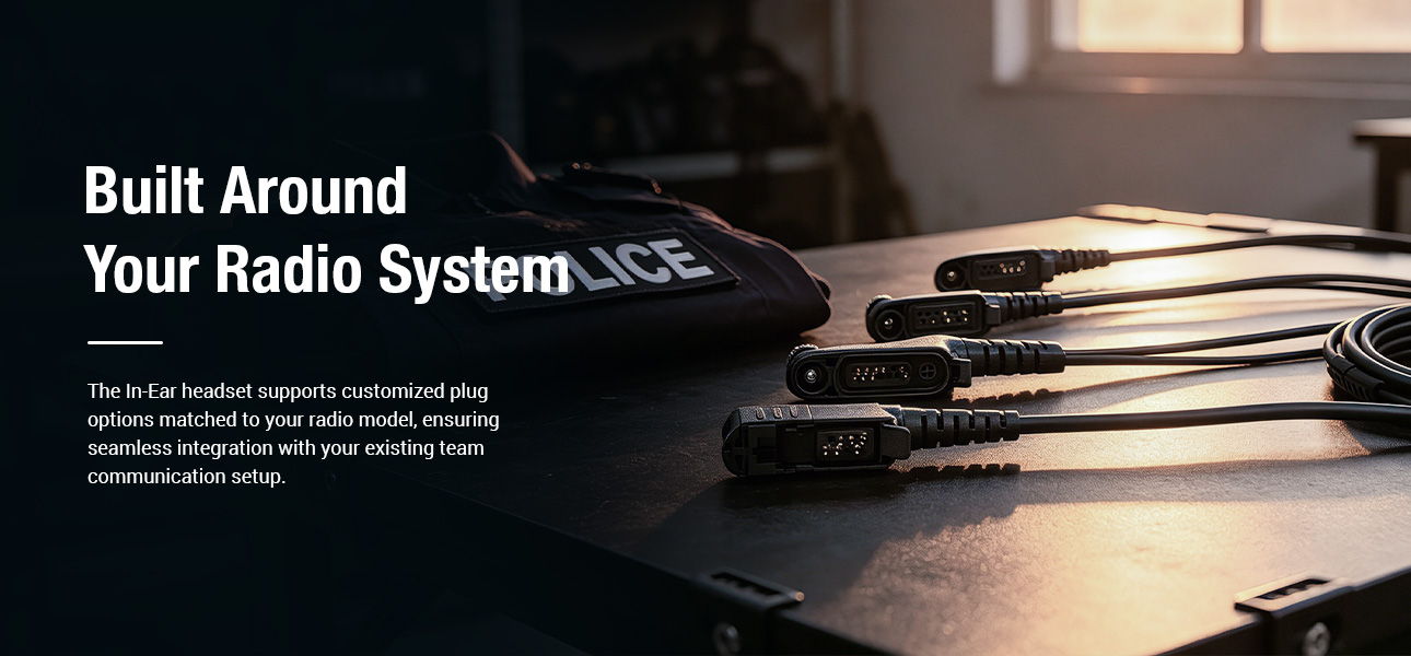 Customizable in-ear radio earpiece with multiple plug options for seamless integration with existing radio systems