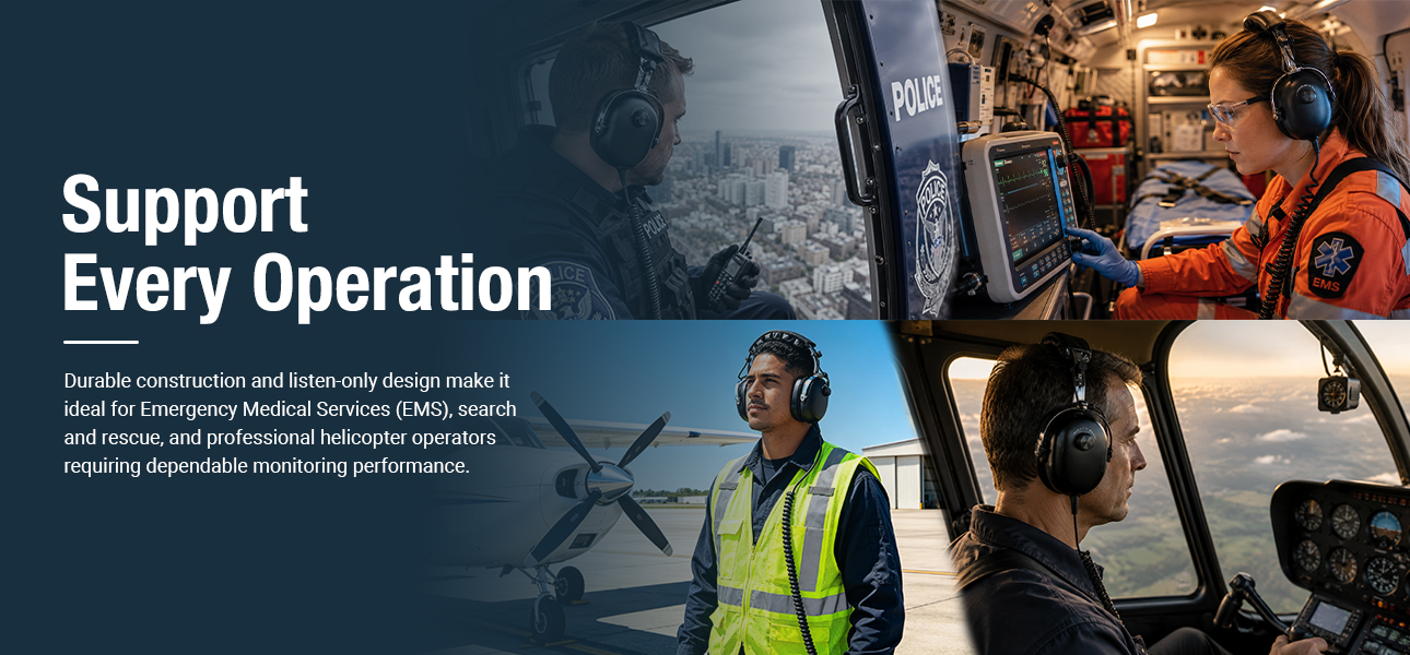 Durable listen-only aviation headset for EMS, search and rescue, and helicopter operators requiring dependable audio monitoring