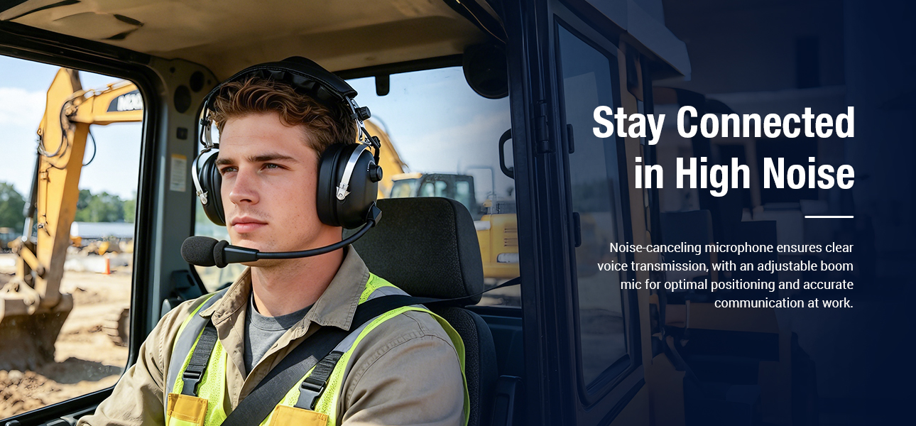 Excavator operators using communication headsets to stay connected in noisy worksites