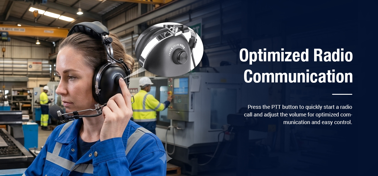 Factory engineers using two-way radio headsets with PTT control for quick communication