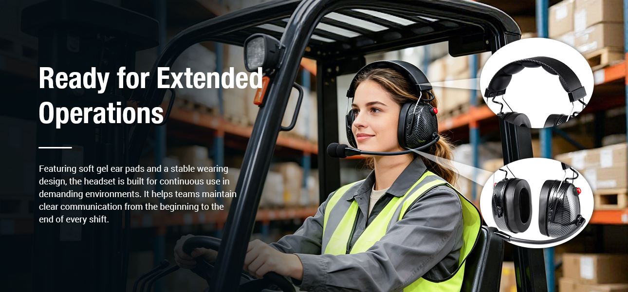 Forklift operators wearing noise-cancelling headsets with gel ear pads for extended warehouse operations