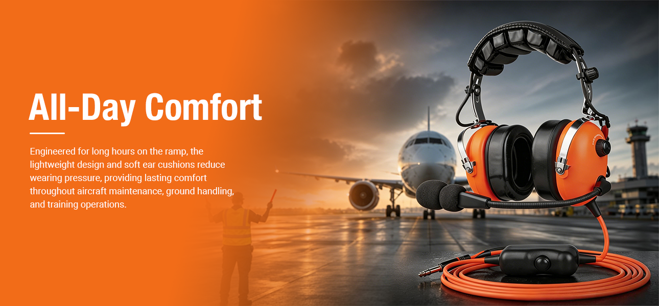 Ground crew wearing a headset with soft headpad and earpads during long-hour ramp operations.
