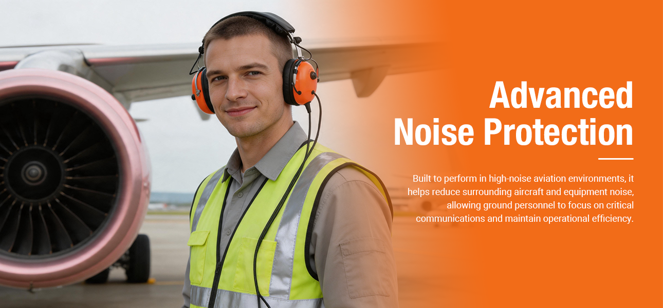 Ground support personnel wearing a headset working near an aircraft wing and engine, operating in a high-noise airport environment.