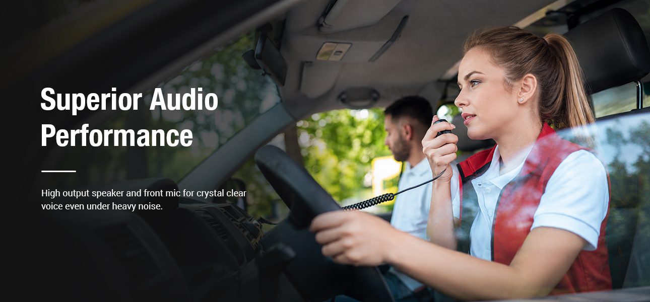 Handheld microphone with speaker delivering loud, crystal-clear voice communication in high-noise environments