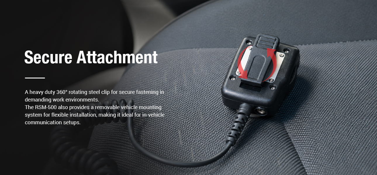 Handheld microphone with speaker featuring a 360 degree rotating steel clip and vehicle mount for secure installation