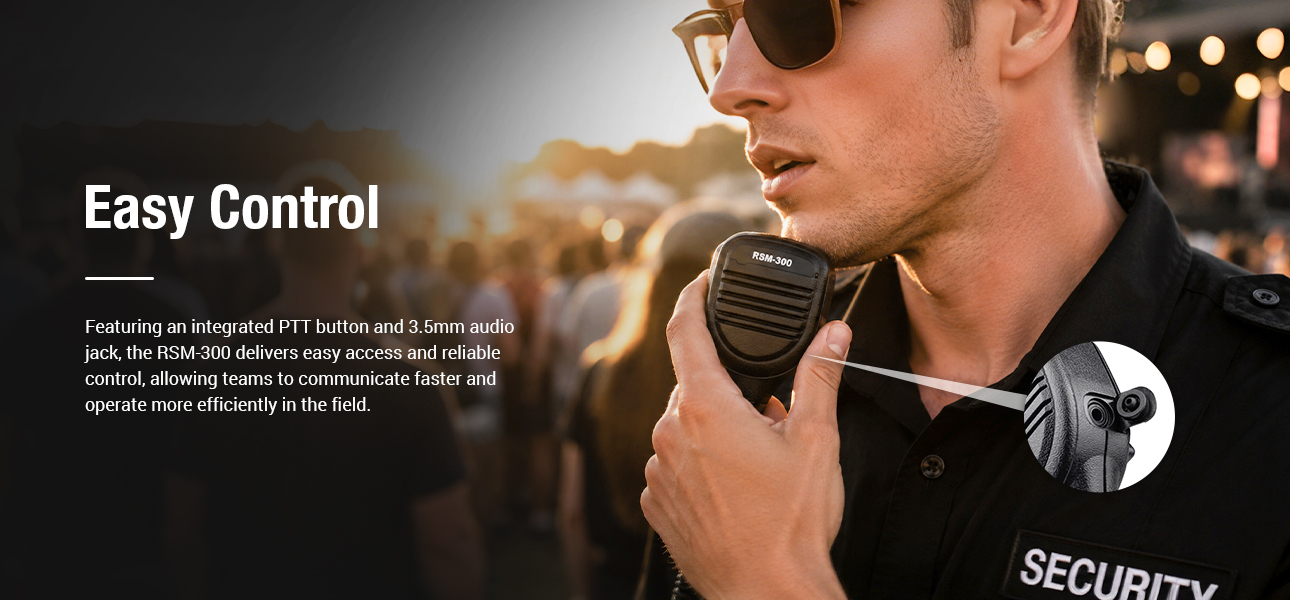 Handheld speaker mic with integrated PTT button and 3.5 mm audio jack for fast and efficient communication