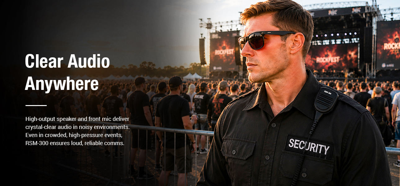 Handheld speaker mic with loud, crystal clear audio for reliable communication at concerts, festivals, and sports venues