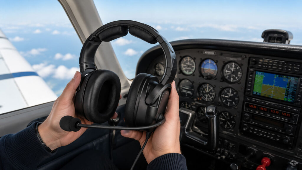 Hands-holding-a-premium-ANR-aviation-headset-for-pilots,-showcasing-active-noise-reduction-technology.