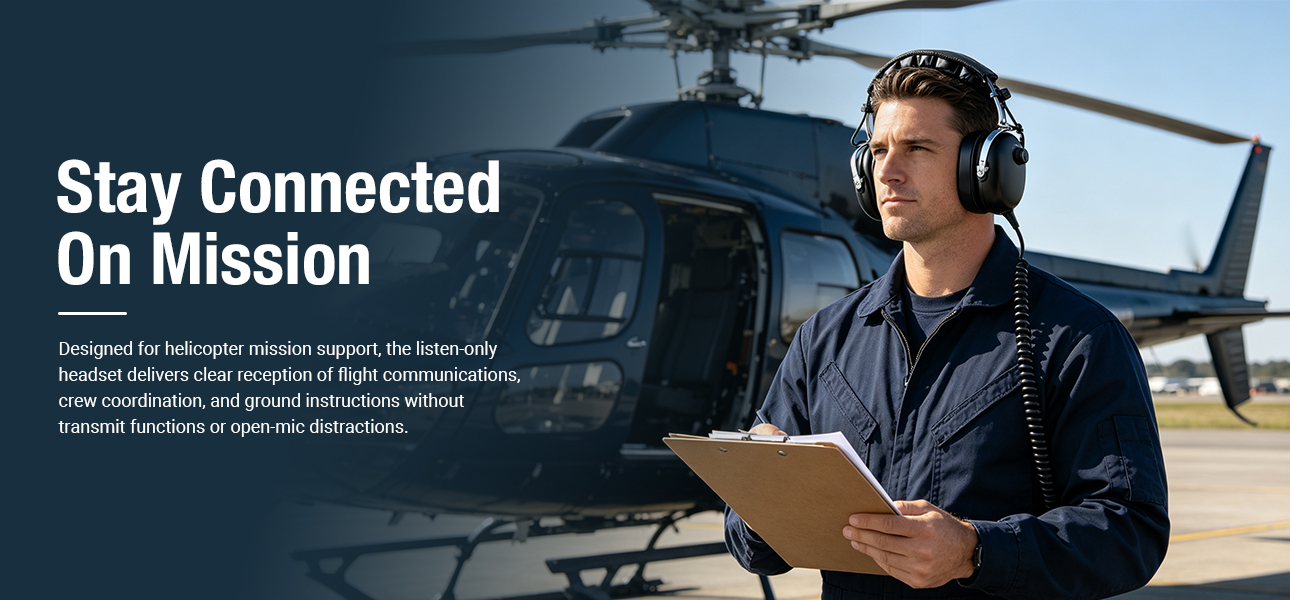 Helicopter crew member using a listen-only aviation headset to hear flight communications and crew instructions during mission operations