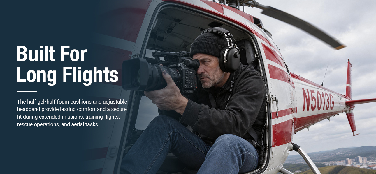 Helicopter crew wearing a lightweight listen-only headset for lasting comfort during extended flights, training, and aerial missions