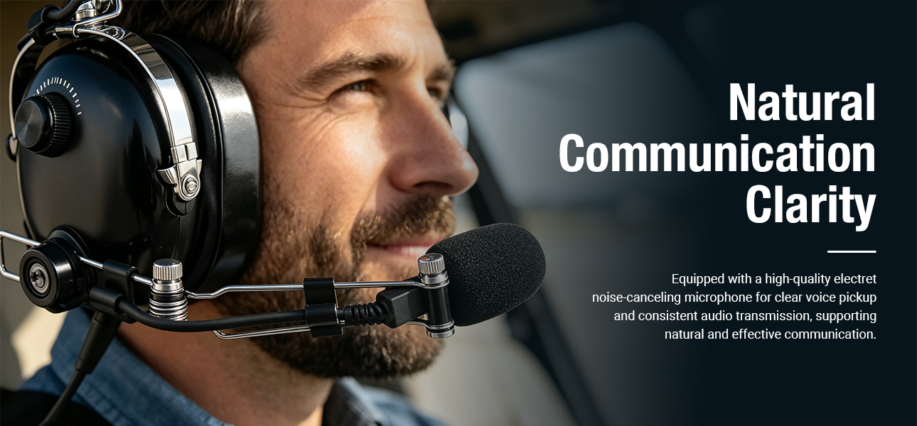 Helicopter emergency pilot using an adjustable metal boom mic for clear voice pickup in demanding flights