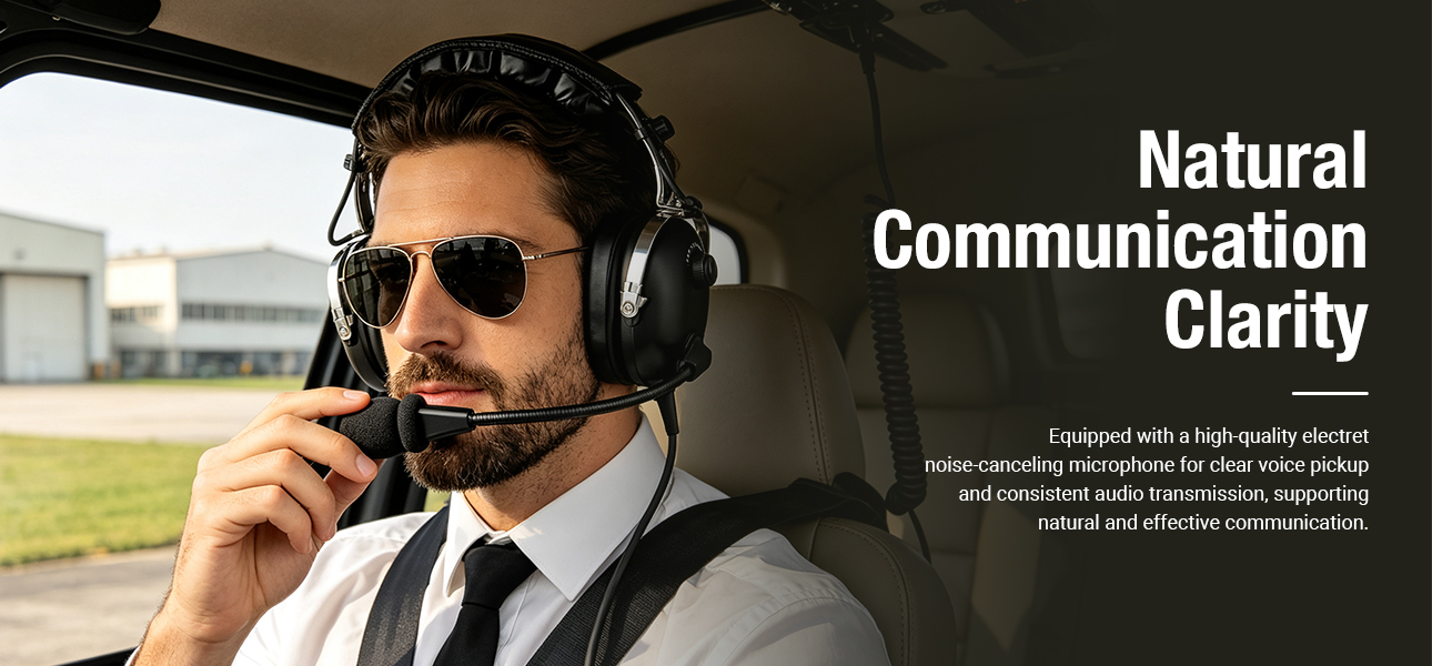 Helicopter flight instructor using a helicopter headset for clear voice quality and natural audio in the cockpit