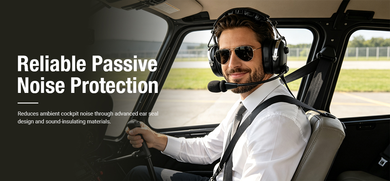 Helicopter flight instructor wearing a helicopter headset with passive noise protection to reduce cockpit noise and protect hearing