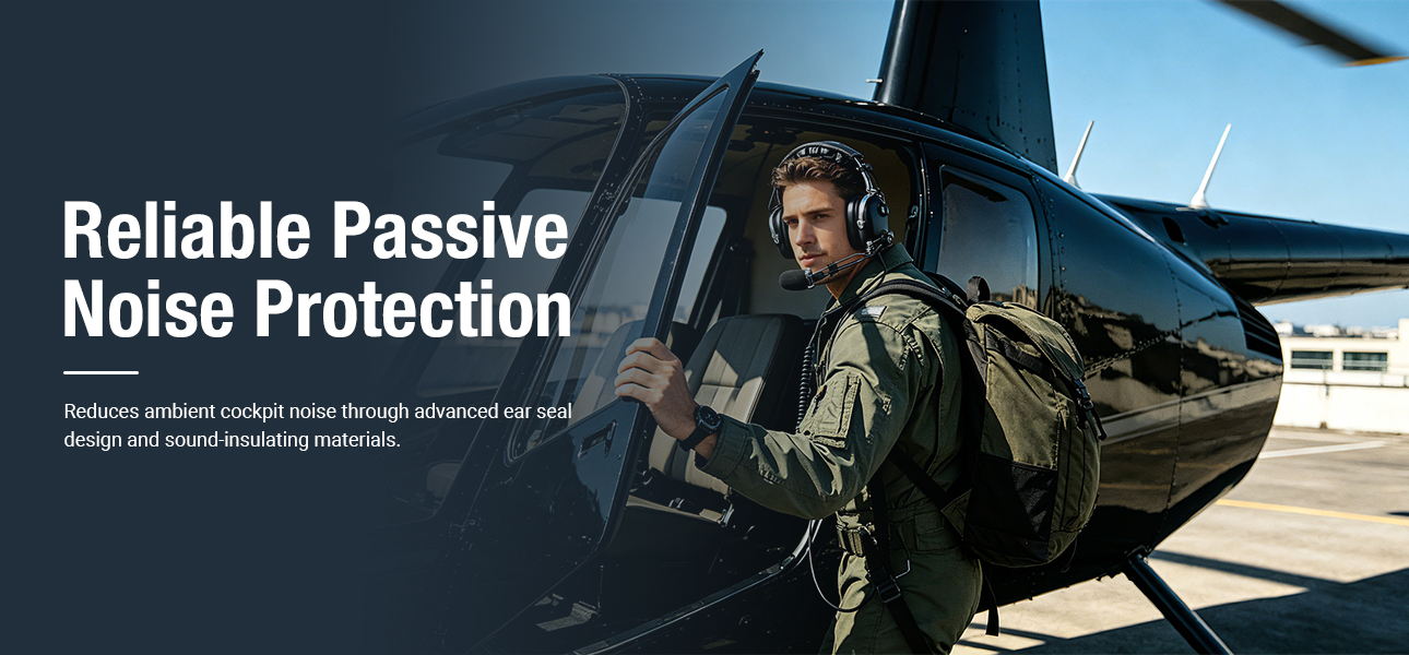 Helicopter pilot wearing Pilot Headphones with noise reduction for hearing protection in flight operations